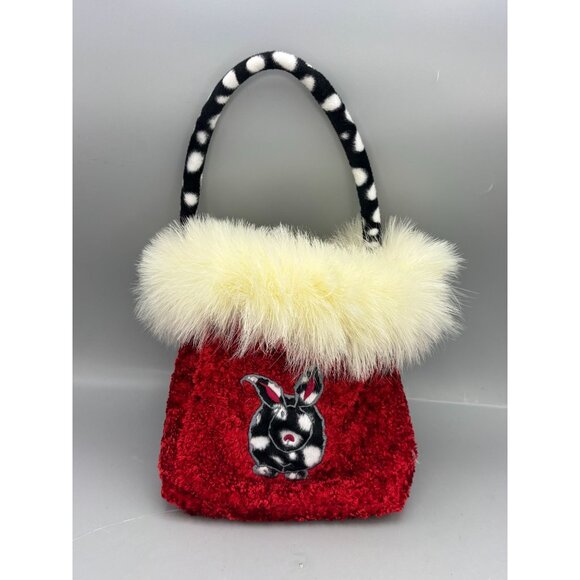 Cowbunnies Red Plush Bunny Handbag With Faux Fur Trim & Polka Dot Handle - Picture 1 of 10